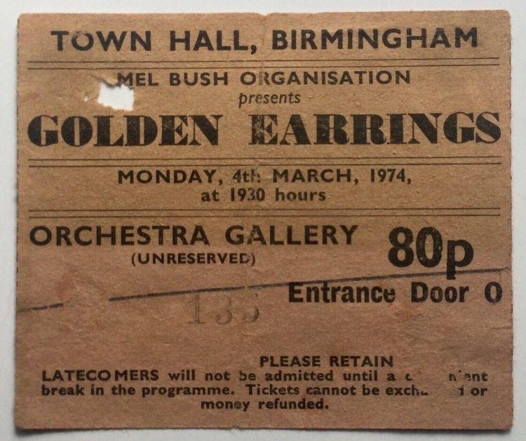 Golden Earring UK tour ticket#135 Birmingham - Town Hall 04-03-1974
